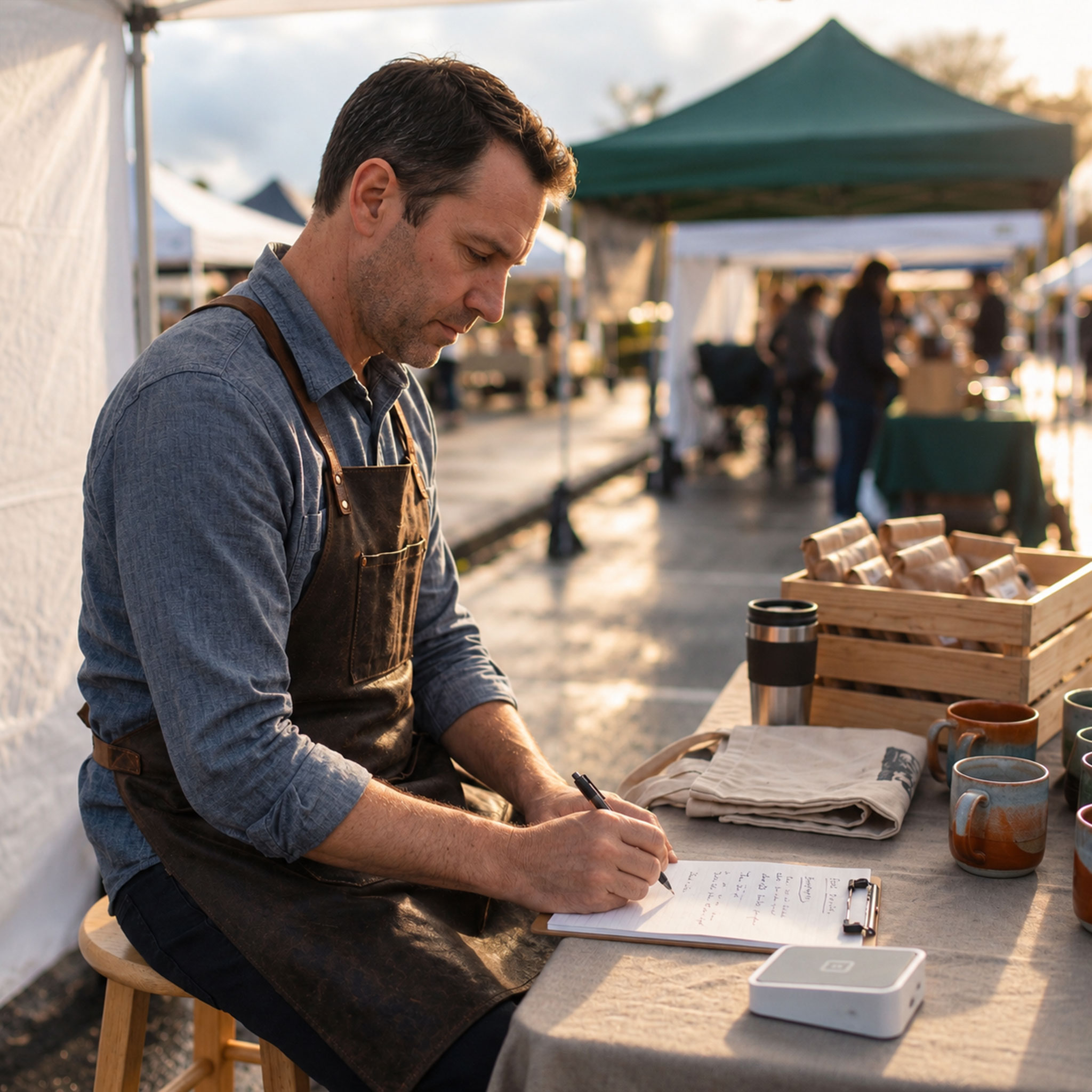 Portland maker at his market booth writing up the day's sales on a pad
